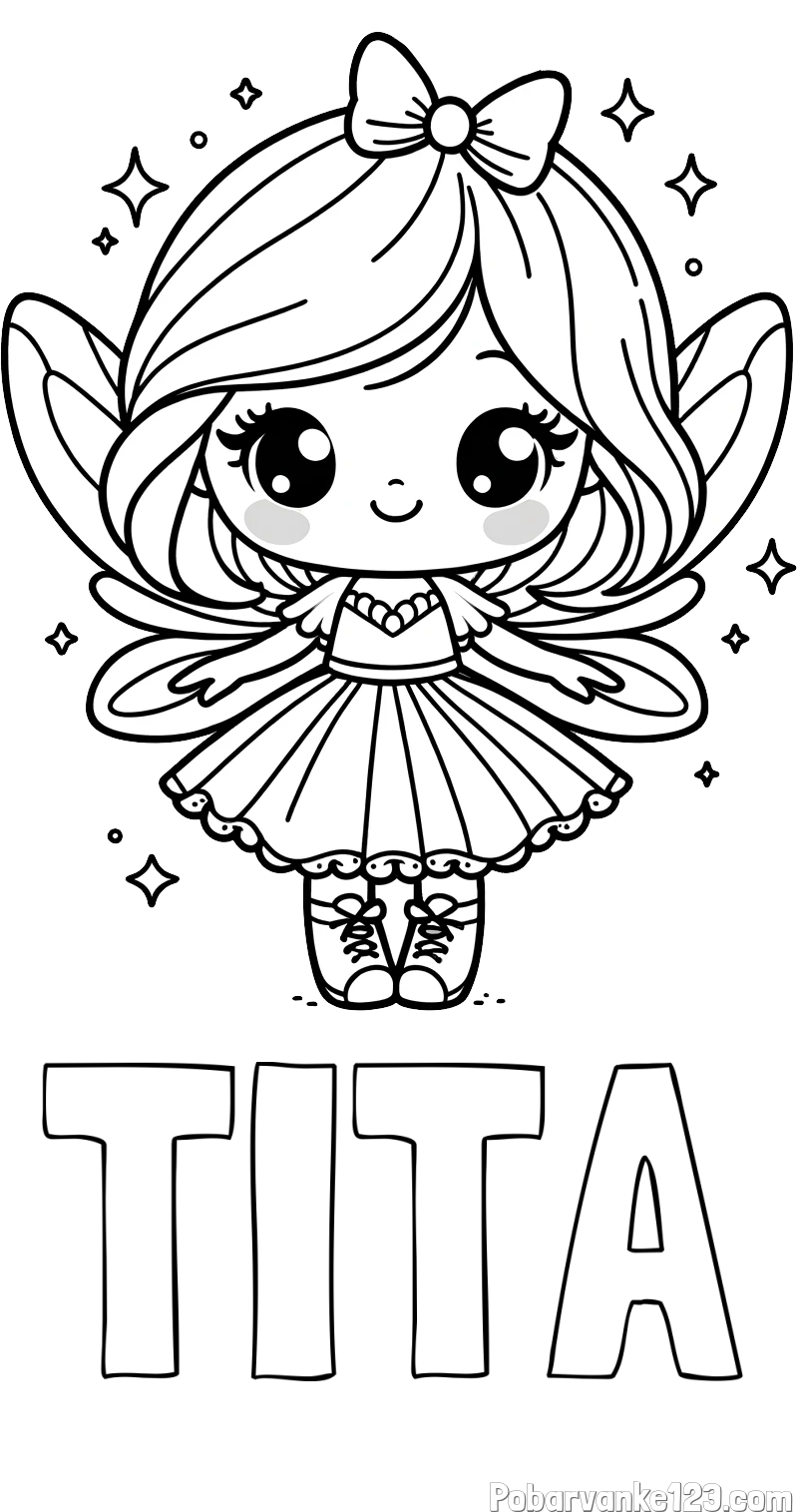 Pobarvanka imena TITA in pobarvanka čarobne vile z ljubkim obrazom