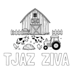 Online izdelana pobarvanka - Pobarvanka imena TJAŽ  ŽIVA in otroška pobarvanka velikega senika, krav in traktorja