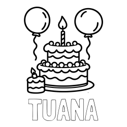Online izdelana pobarvanka - Pobarvanka imena TUANA in pobarvanka velike rojstnodnevne torte