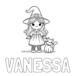 Online izdelana pobarvanka - Pobarvanka imena VANESSA in Čudovita pobarvanka ljubke čarovnice in nasmejane mačke