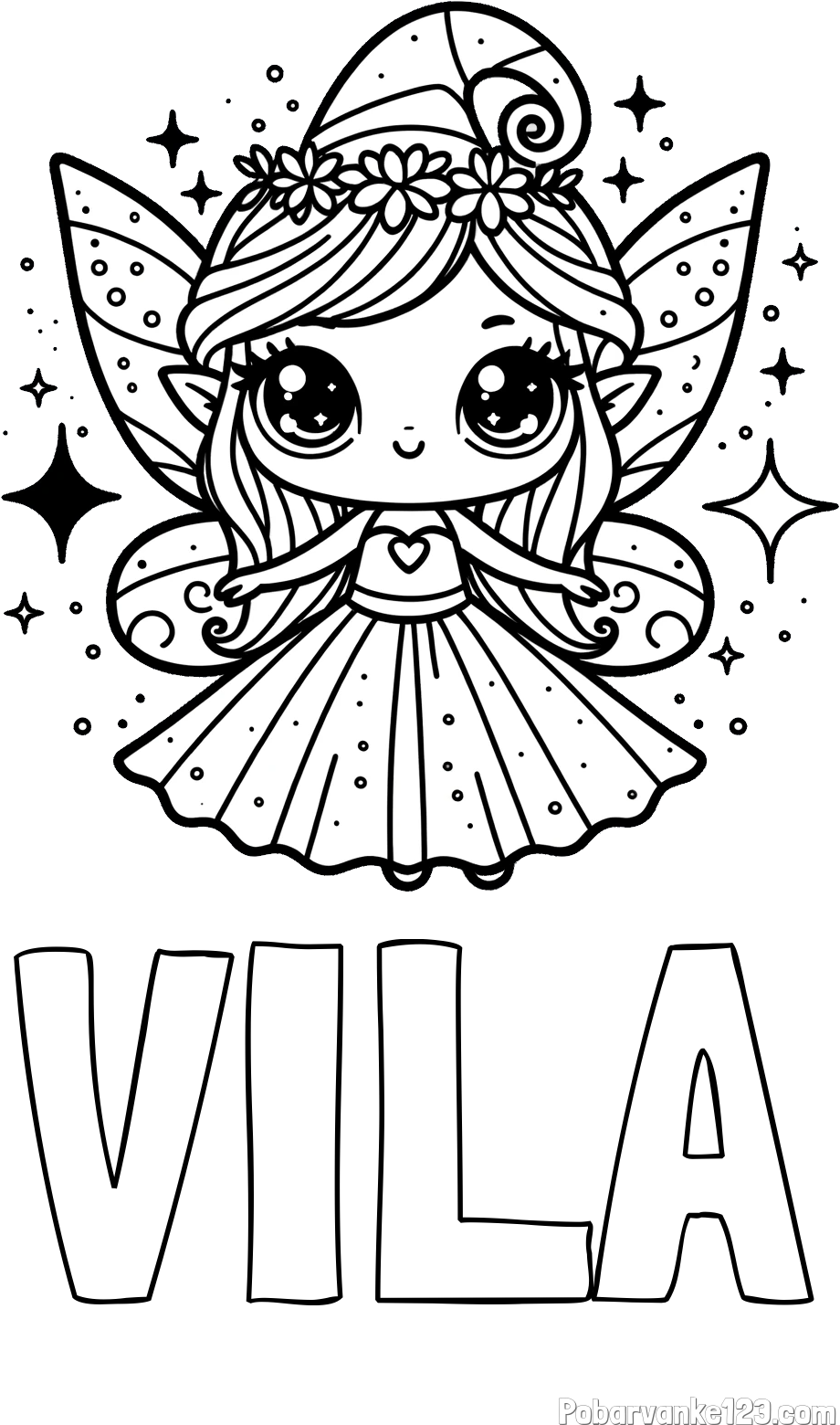 Pobarvanka imena VILA in prikupna čarobna vila