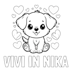 Online izdelana pobarvanka - Pobarvanka imena VIVI IN NIKA in pobarvanka ljubkega kužka obdanega s srčki
