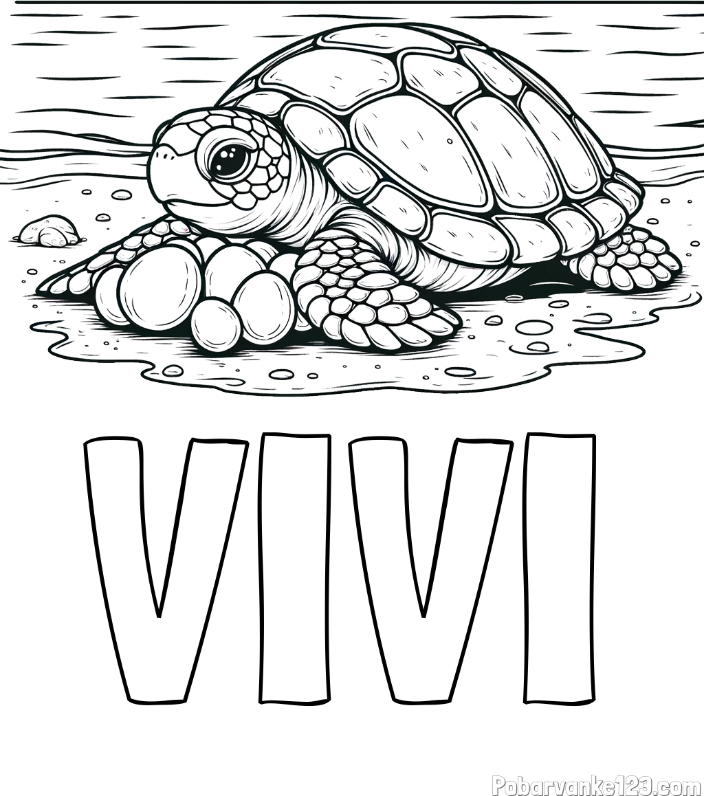 Pobarvanka imena VIVI in pobarvanka želve, ki leže jajca na obali