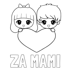 Online izdelana pobarvanka - Pobarvanka imena ZA MAMI in pobarvanka fantka in deklice, ki objemata srček