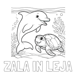 Online izdelana pobarvanka - Pobarvanka imena ZALA IN LEJA in pobarvanka ljubkega delfina z želvo v morju