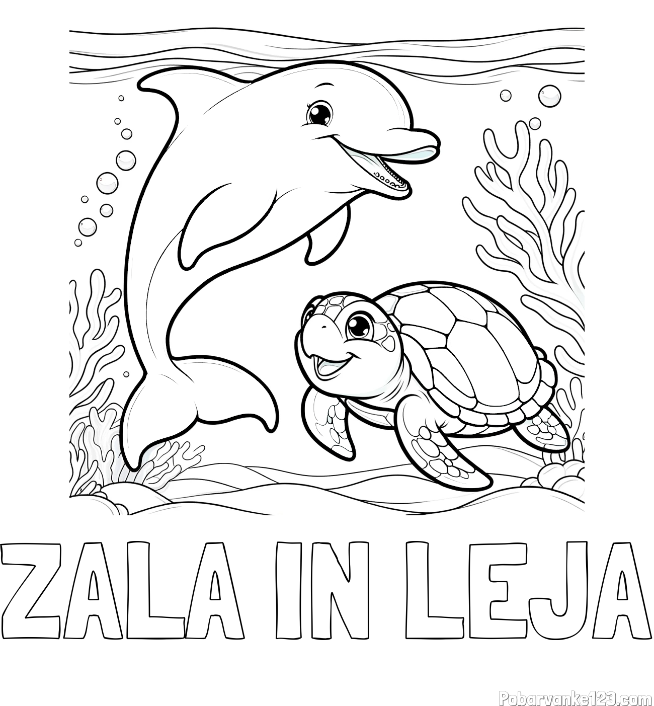 Pobarvanka imena ZALA IN LEJA in pobarvanka ljubkega delfina z želvo v morju