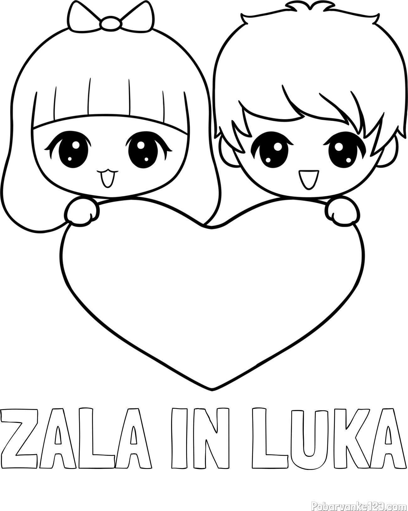 Pobarvanka imena ZALA IN LUKA in pobarvanka fantka in deklice, ki objemata srček