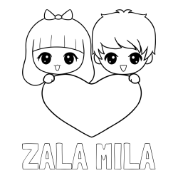 Online izdelana pobarvanka - Pobarvanka imena ZALA MILA in pobarvanka fantka in deklice, ki objemata srček