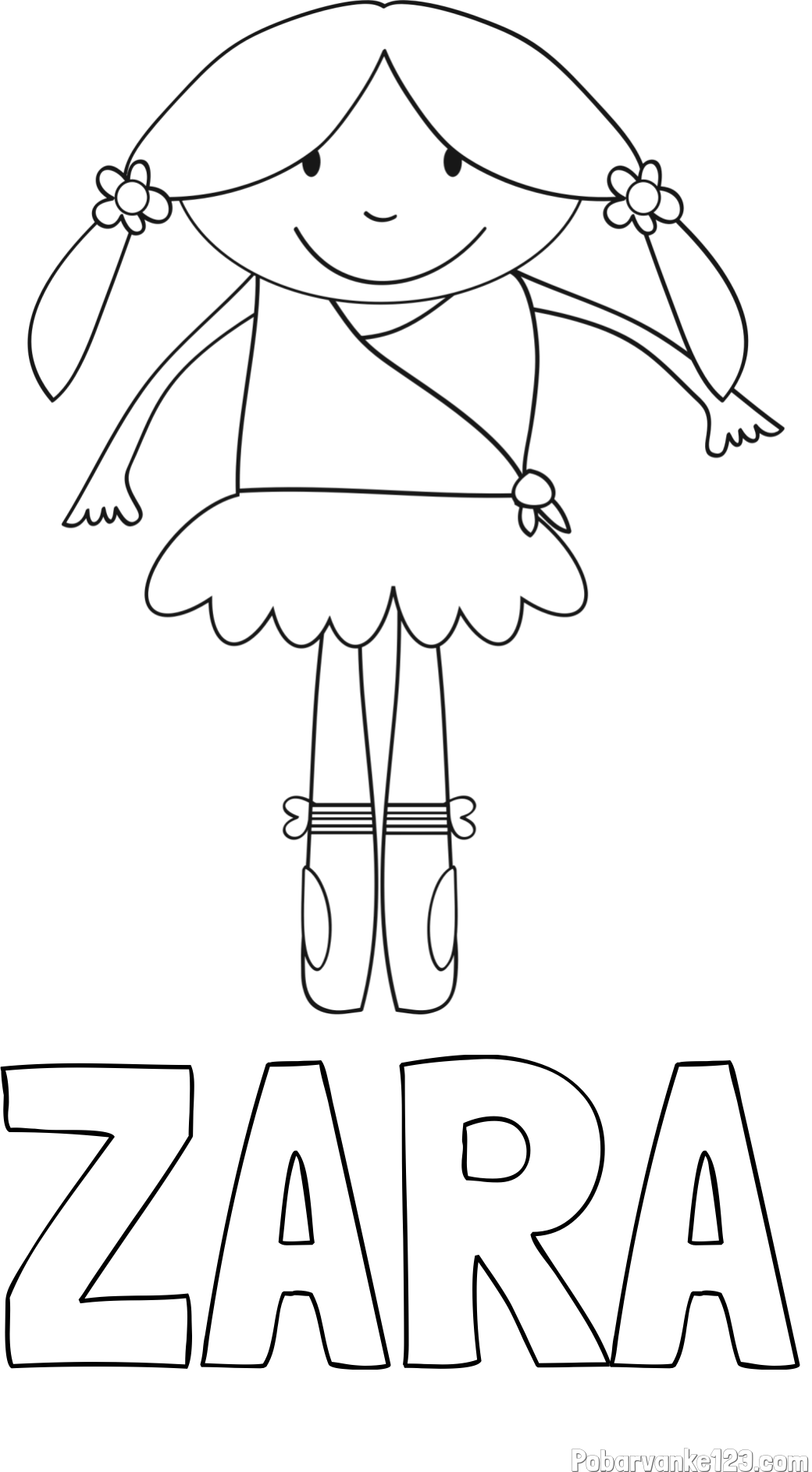 Pobarvanka imena ZARA in otroška pobarvanka nasmejane baletke