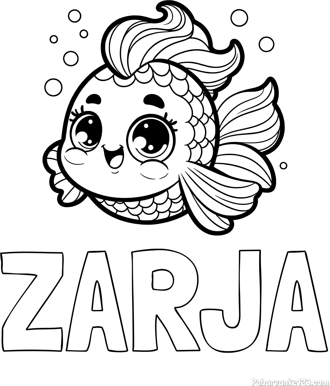 Pobarvanka imena ZARJA in pobarvanka ljubke pravljične ribe