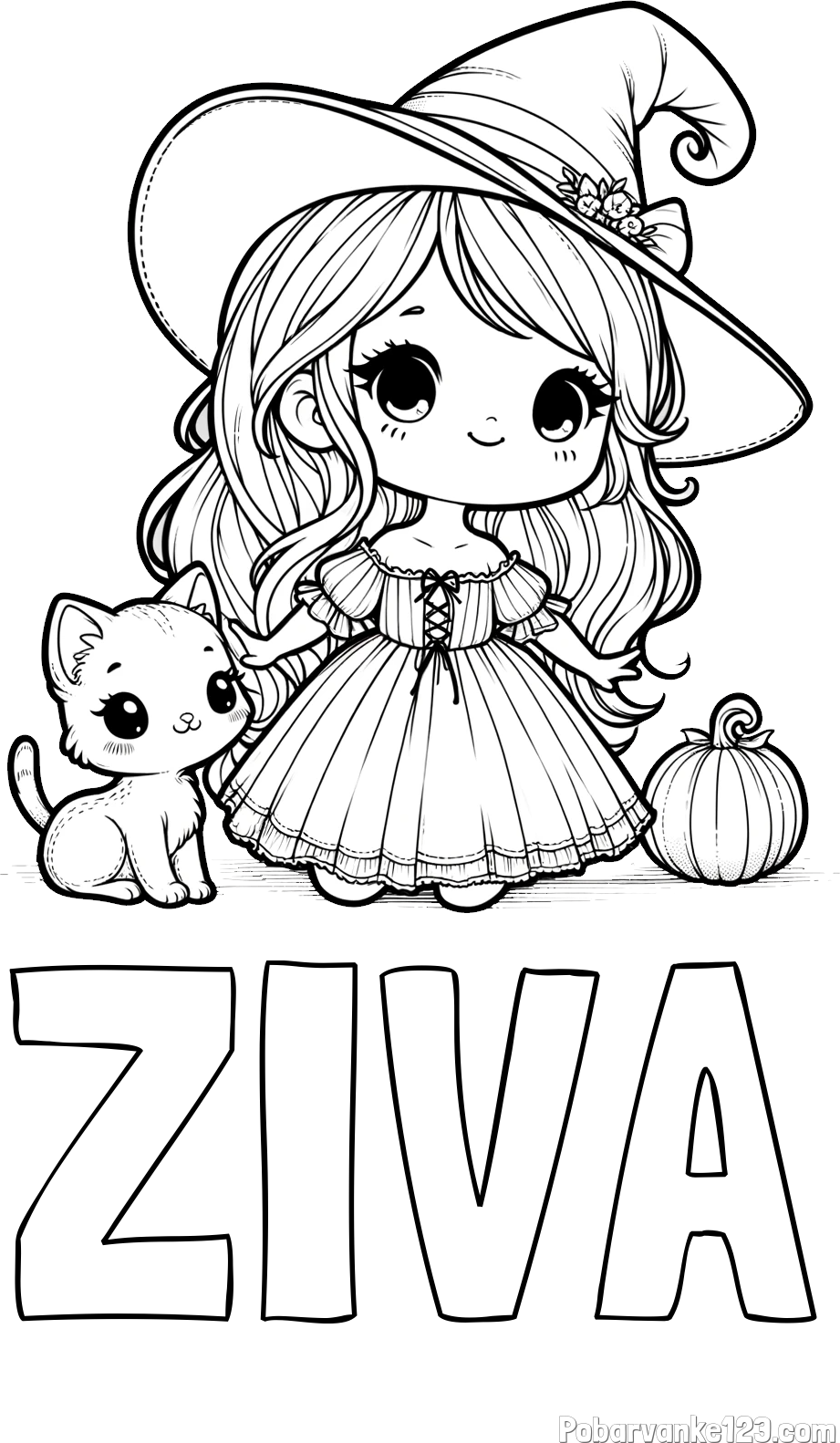 Pobarvanka imena ŽIVA in pobarvanka ljubke čarovnice, muce in buče