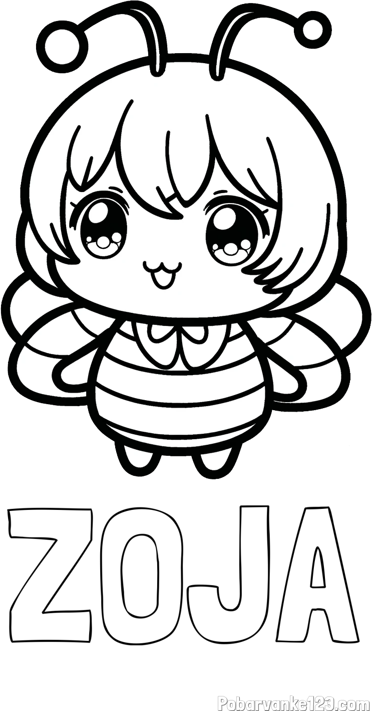 Pobarvanka imena ZOJA in pobarvanka čebelice v stilu anime