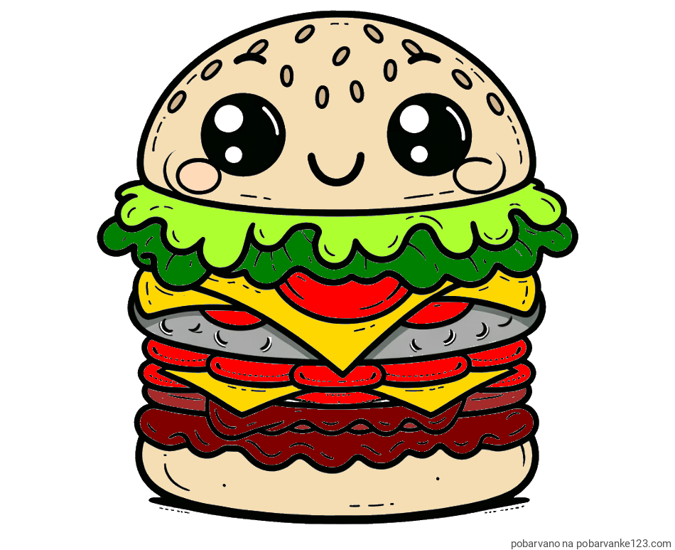 POBARVANA POBARVANKA - Otroška pobarvanka nasmejanega hamburgerja