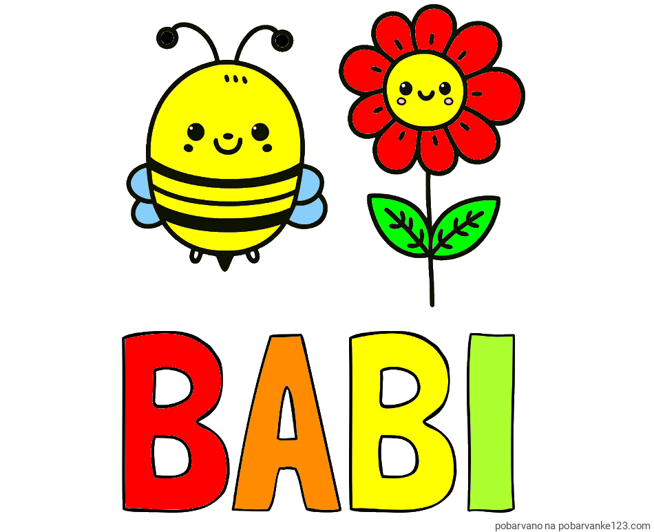 POBARVANA POBARVANKA - Pobarvanka imena BABI in pobarvanka ljubke čebelice in nasmejane rože