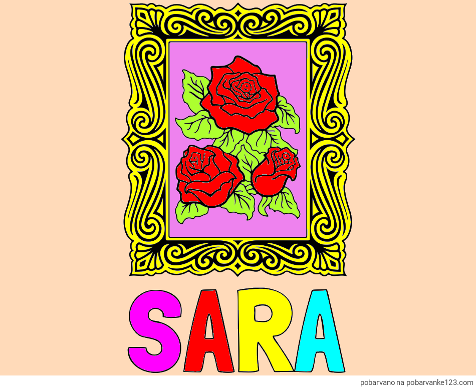 POBARVANA POBARVANKA - Pobarvanka imena SARA in pobarvanka  uokvirjene slike vrtnic