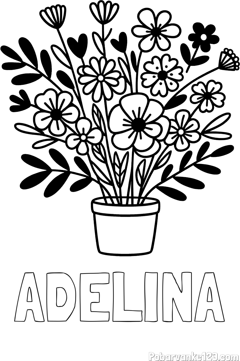 Pobarvanka imena ADELINA in pobarvanka rož v cvetličnem loncu