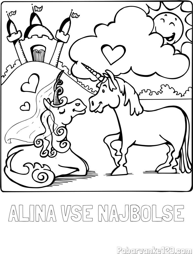 Pobarvanka imena ALINA VSE NAJBOLŠE in pobarvanka zaljubljenih samorogov