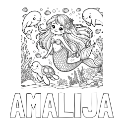 Online izdelana pobarvanka - Pobarvanka imena AMALIJA in pobarvana ljubke morske deklice s prijatelji