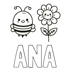 Online izdelana pobarvanka - Pobarvanka imena ANA in pobarvanka ljubke čebelice in nasmejane rože