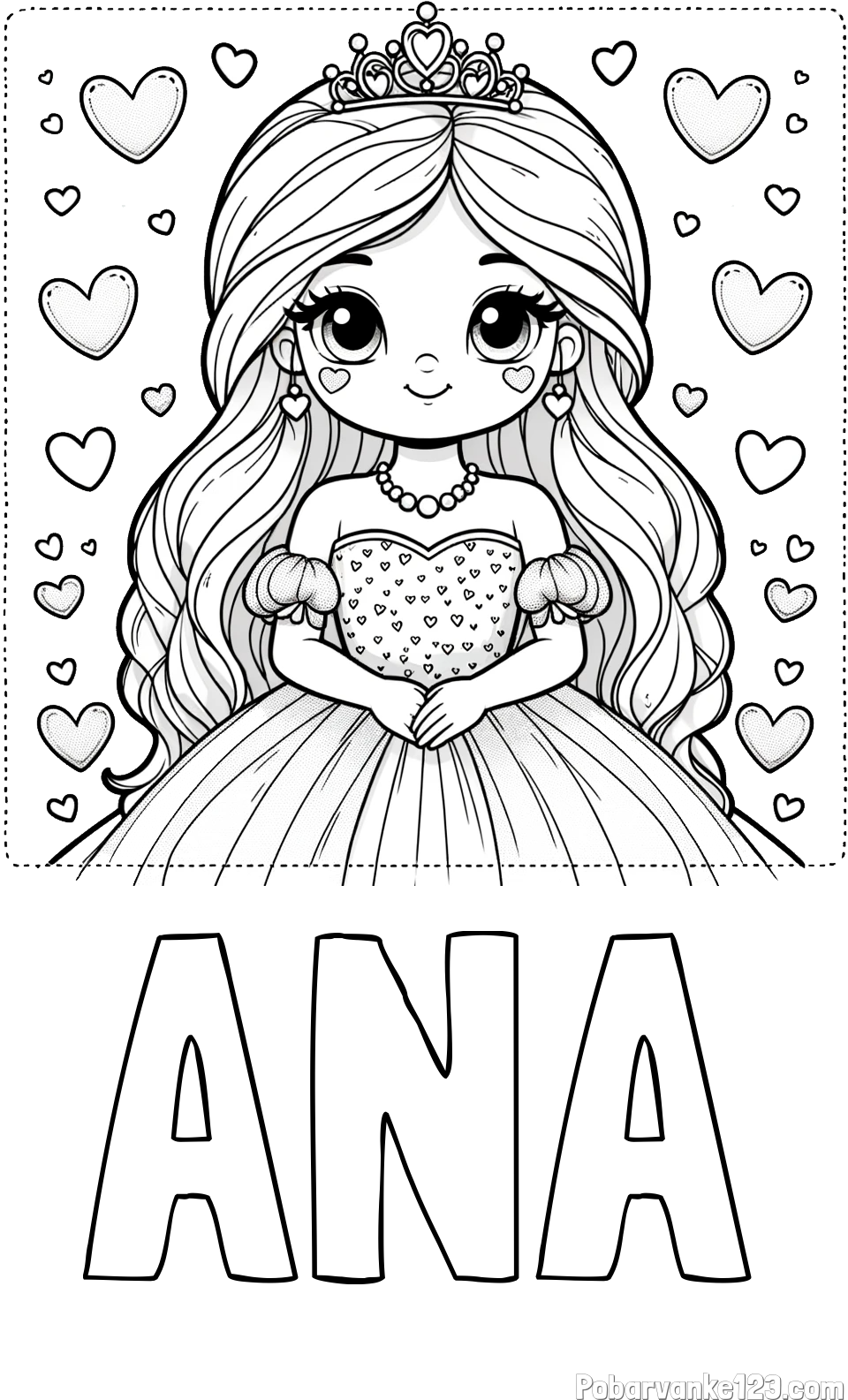 Pobarvanka imena ANA in pobarvanka ljubke princese obdane s srčki