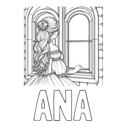 Online izdelana pobarvanka - Pobarvanka imena ANA in pobarvanka princese, ki gleda skozi okno