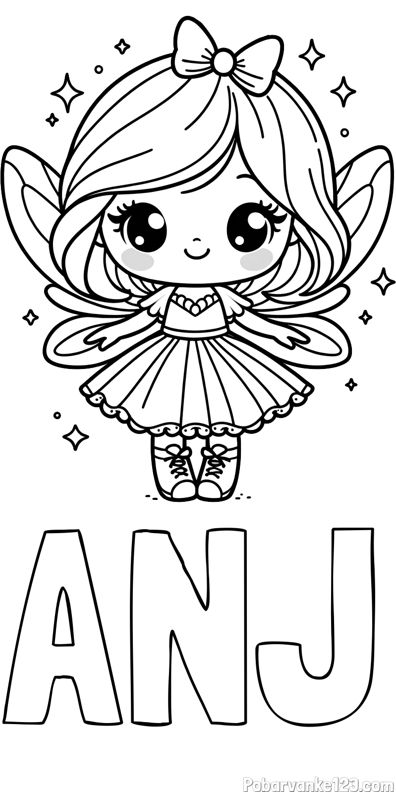 Pobarvanka imena ANJ in pobarvanka čarobne vile z ljubkim obrazom