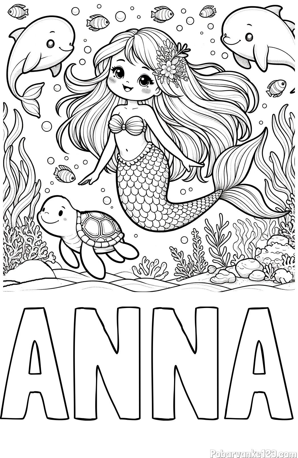 Pobarvanka imena ANNA in pobarvana ljubke morske deklice s prijatelji