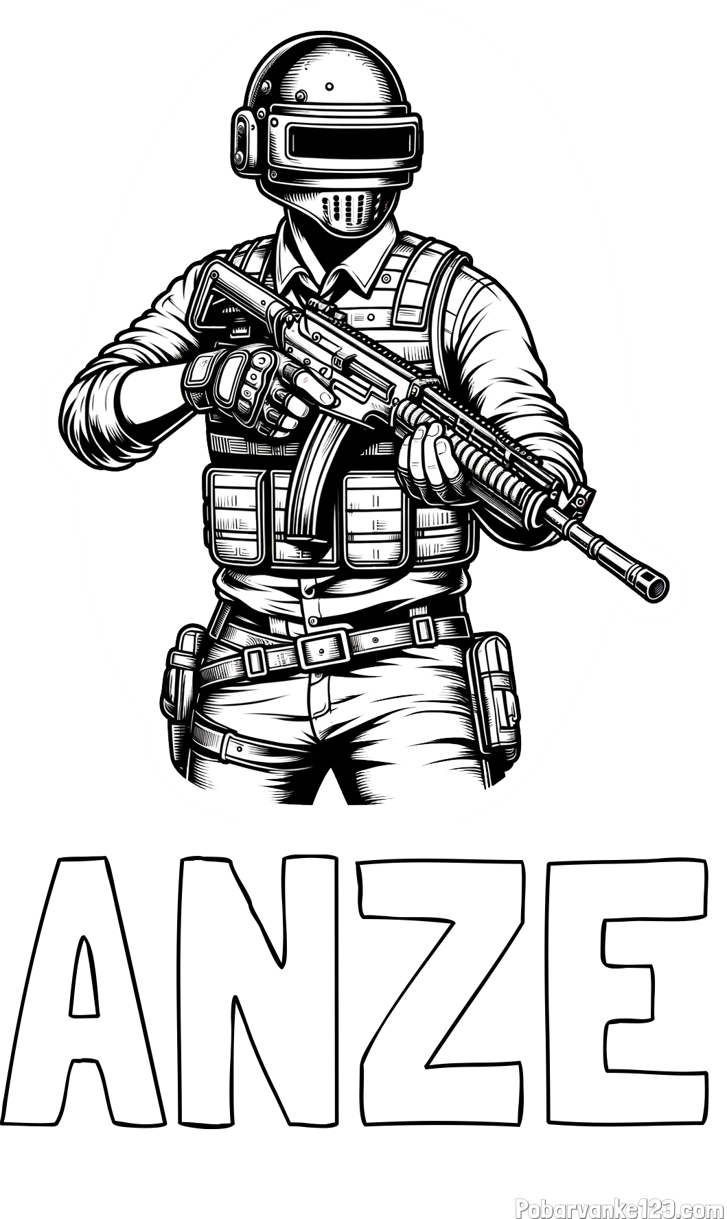 Pobarvanka imena ANŽE in pobarvanka PUBG osrednjega lika v bojnem položaju