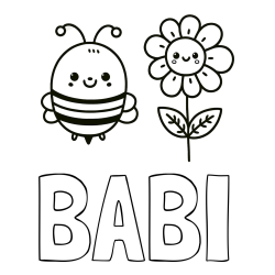 Pobarvanka imena BABI in pobarvanka ljubke čebelice in nasmejane rože