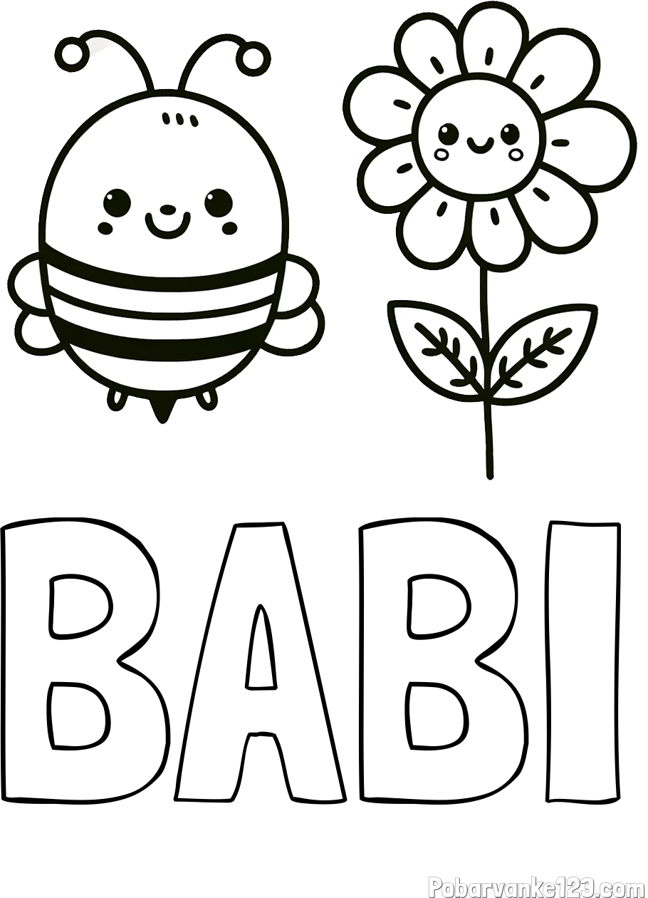 Pobarvanka imena BABI in pobarvanka ljubke čebelice in nasmejane rože