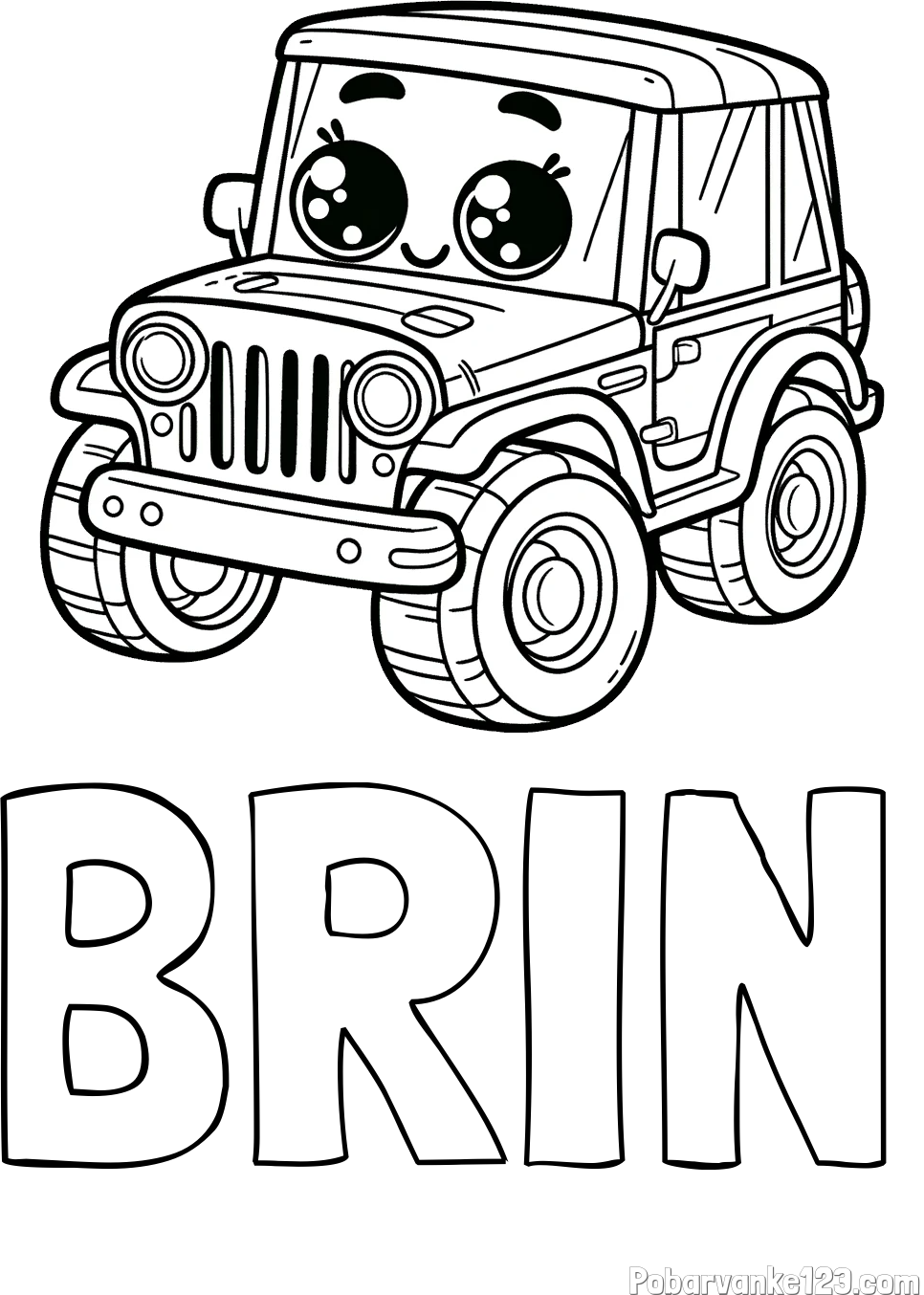 Pobarvanka imena BRIN in otroška pobarvanka nasmejanega jeep-a