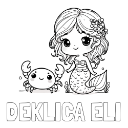 Online izdelana pobarvanka - Pobarvanka imena DEKLICA ELI in pobarvanka ljubke morske deklice in veselega raka