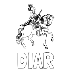 Online izdelana pobarvanka - Pobarvanka imena DIAR in pobarvanka viteza na konju