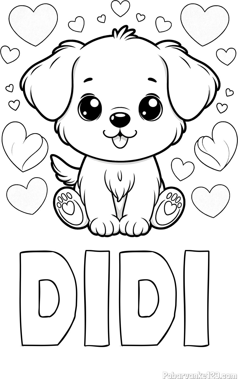 Pobarvanka imena DIDI in pobarvanka ljubkega kužka obdanega s srčki