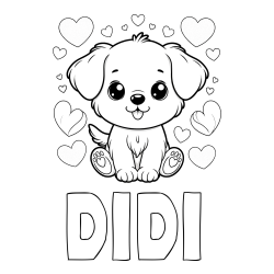 Online izdelana pobarvanka - Pobarvanka imena DIDI in pobarvanka ljubkega kužka obdanega s srčki