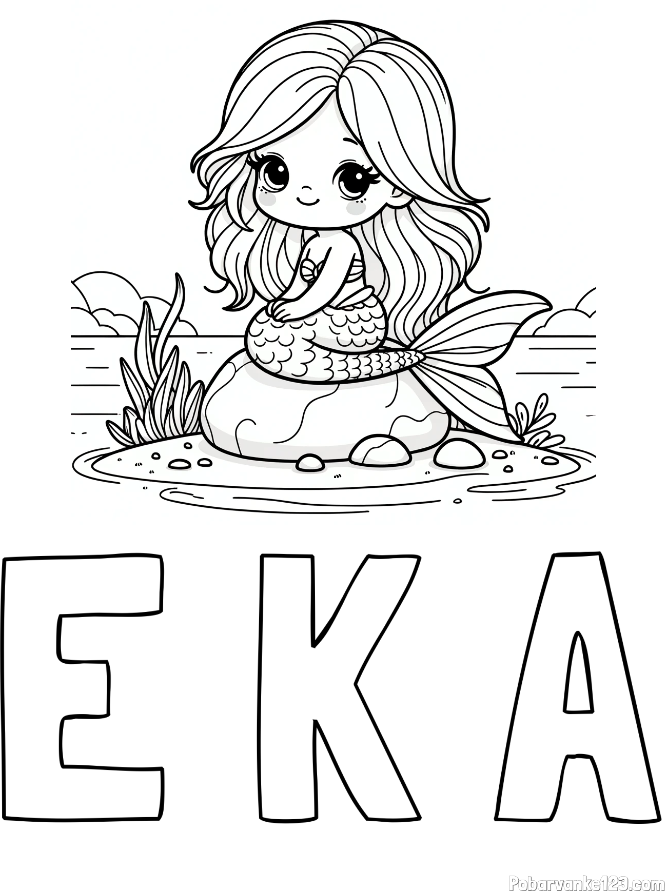 Pobarvanka imena E K A in pobarvanka prikupne morske deklice, ki sedi na kamnu ob obali