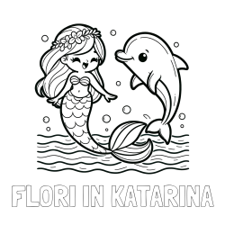 Online izdelana pobarvanka - Pobarvanka imena FLORI IN KATARINA in pobarvanka ljubke morske deklice, ki pleše z delfinom