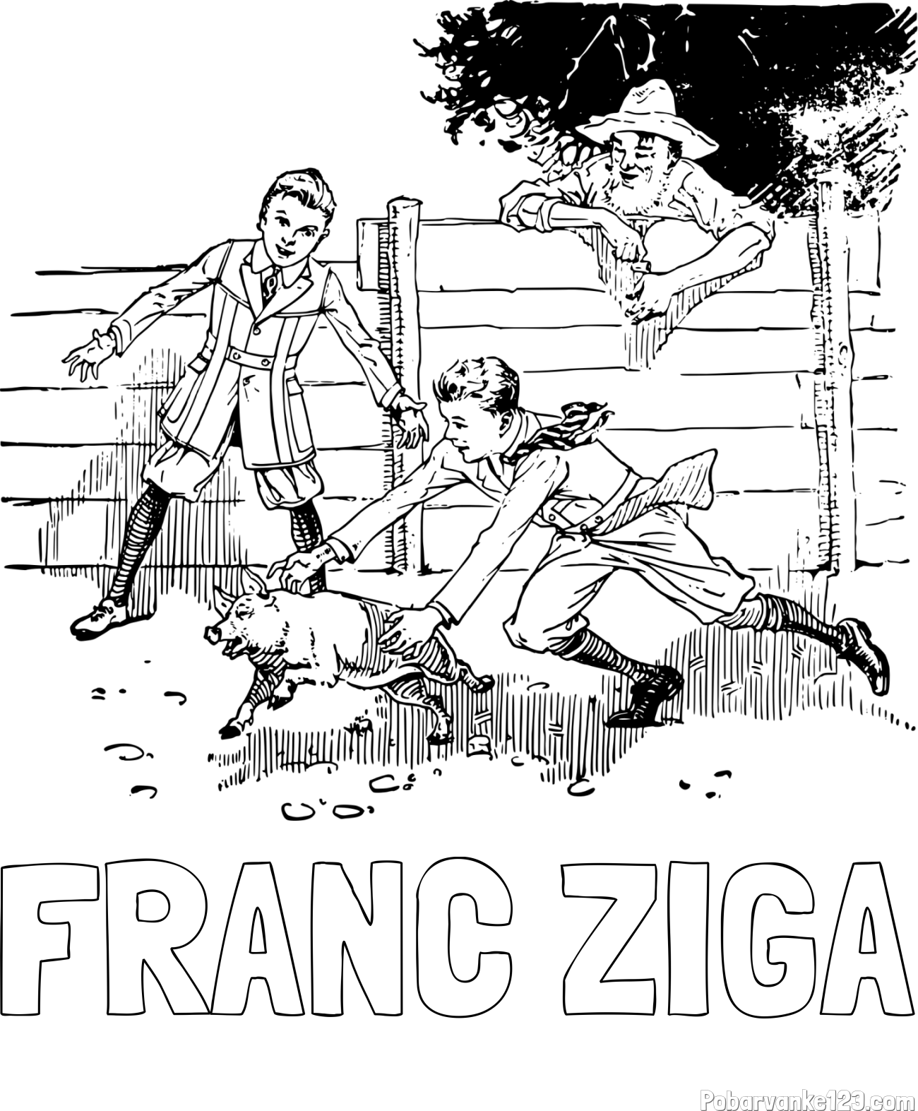 Pobarvanka imena FRANC ŽIGA in pobarvanka dveh dečkov, ki lovita majhnega prašička