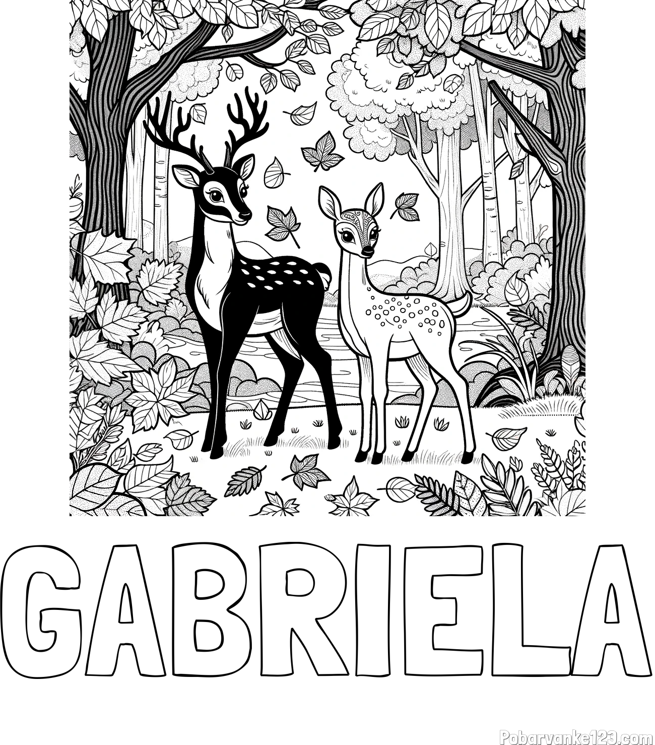 Pobarvanka imena GABRIELA in pobarvanka srnice in jelenčka