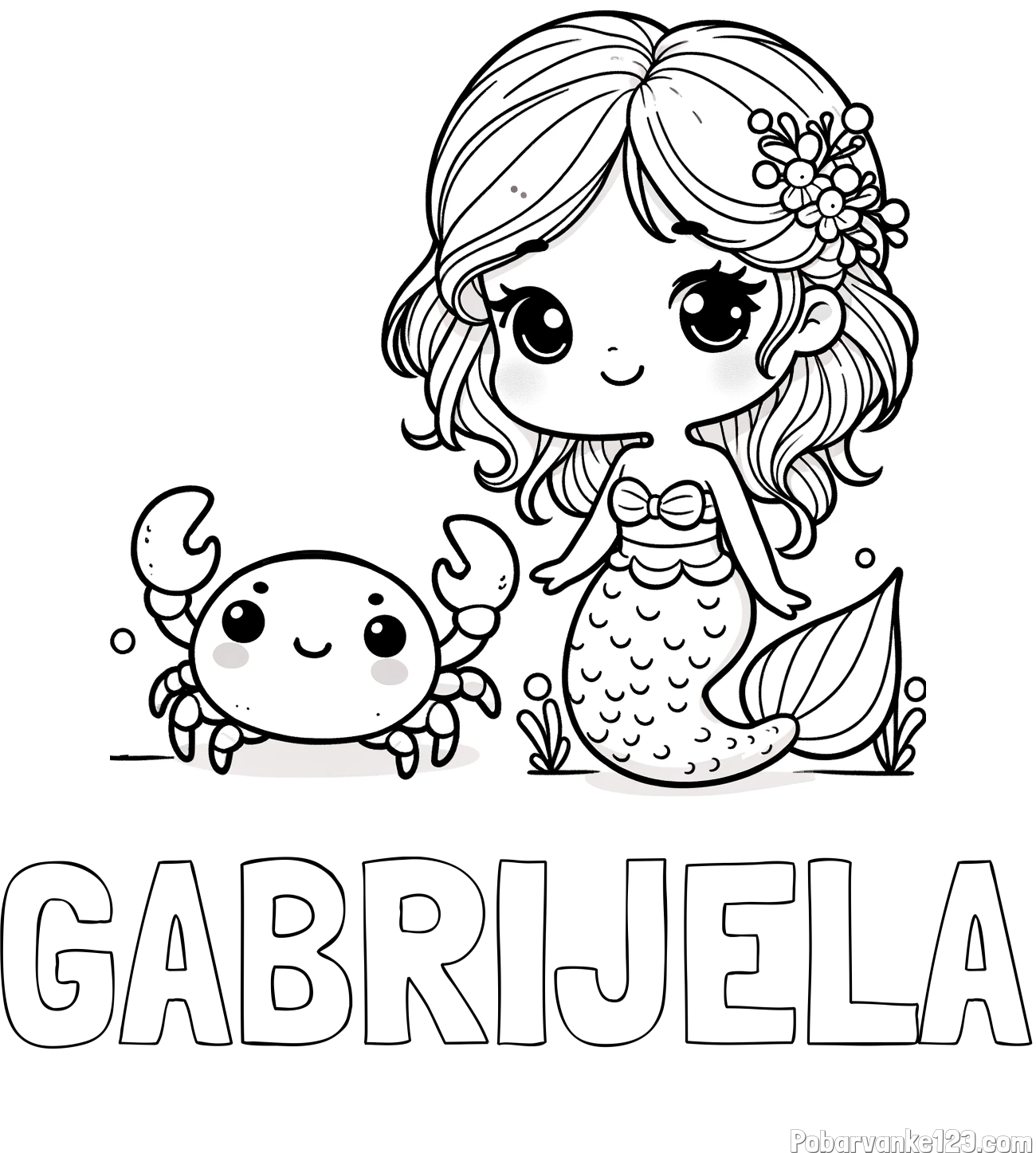 Pobarvanka imena GABRIJELA in pobarvanka ljubke morske deklice in veselega raka