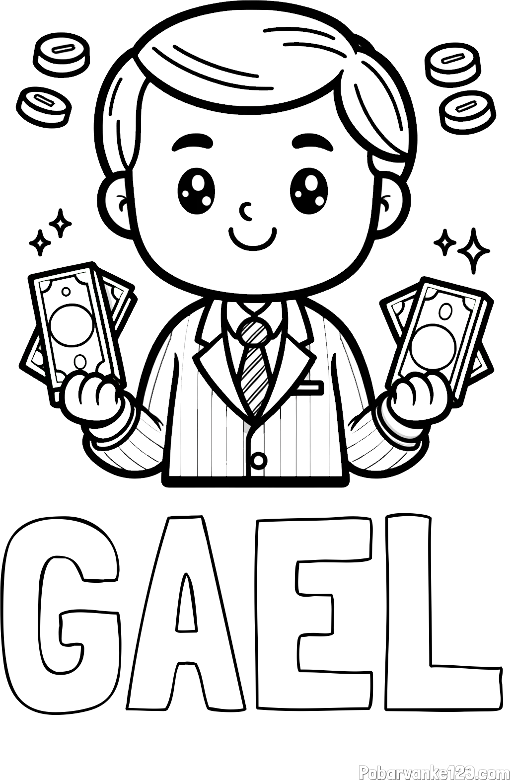 Pobarvanka imena GAEL in otroška pobarvanka bankirja z veliko denarja