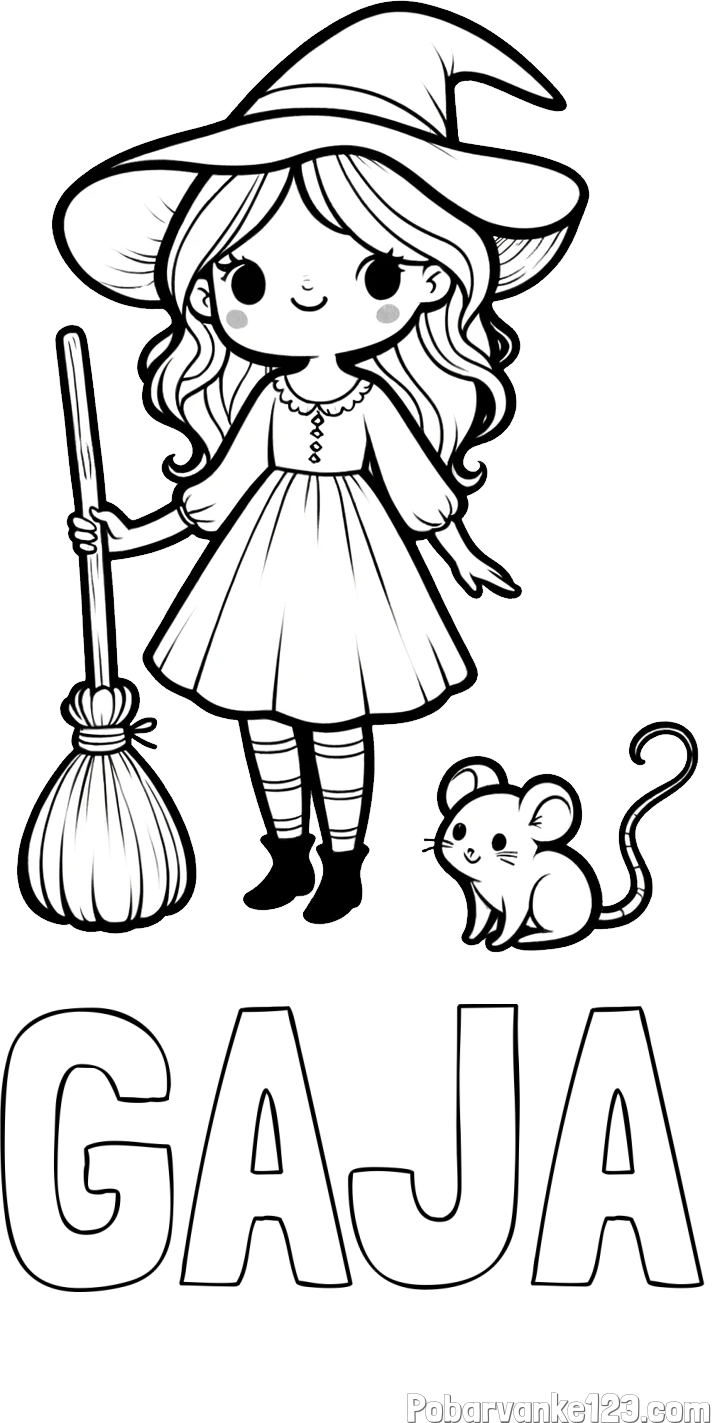 Pobarvanka imena GAJA in pobarvanka čarovnice z metlo in miško