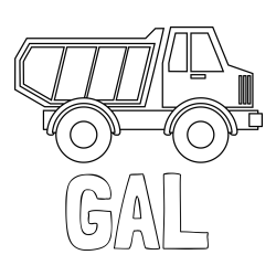 Online izdelana pobarvanka - Pobarvanka imena GAL in otroška pobarvanka tovornjaka za prevoz smeti in drugega tovora