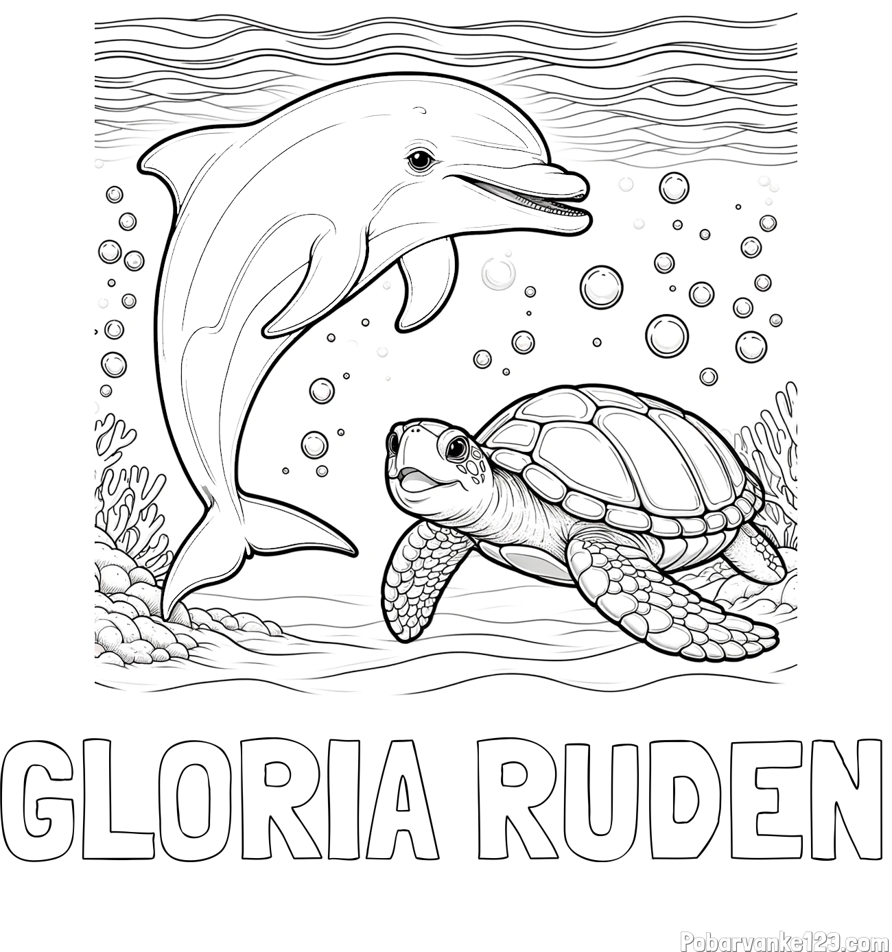 Pobarvanka imena GLORIA RUDEN in pobarvanka ljubkega delfina in njegove prijateljice želve