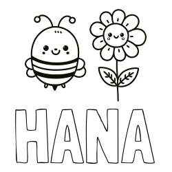 Online izdelana pobarvanka - Pobarvanka imena HANA in pobarvanka ljubke čebelice in nasmejane rože
