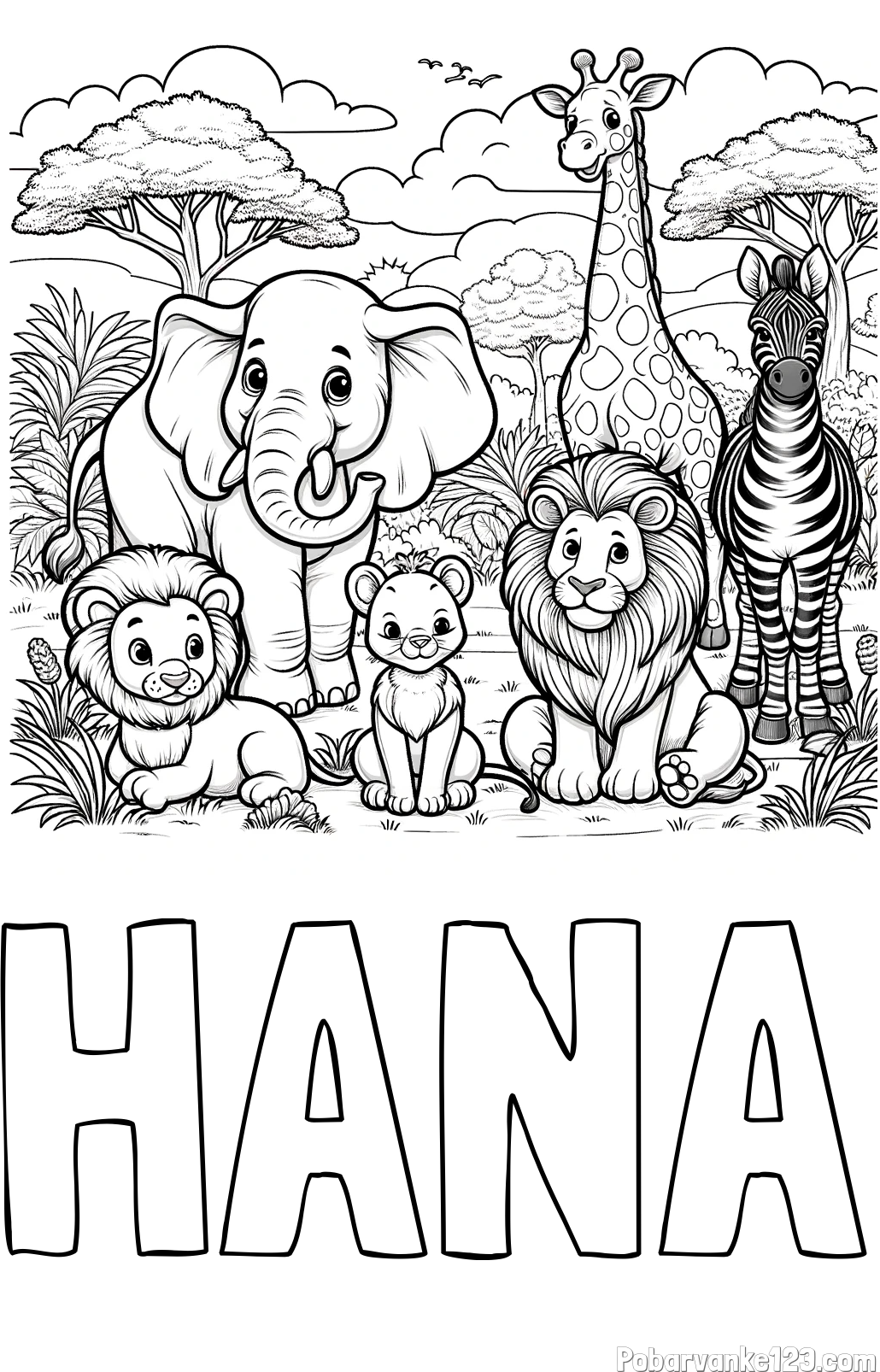 Pobarvanka imena HANA in pobarvanka ljubkih živali