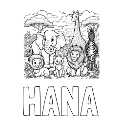 Online izdelana pobarvanka - Pobarvanka imena HANA in pobarvanka ljubkih živali