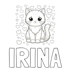 Online izdelana pobarvanka - Pobarvanka imena IRINA in pobarvanka ljubke mucke obdane s srčki