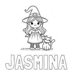 Online izdelana pobarvanka - Pobarvanka imena JASMINA in Čudovita pobarvanka ljubke čarovnice in nasmejane mačke