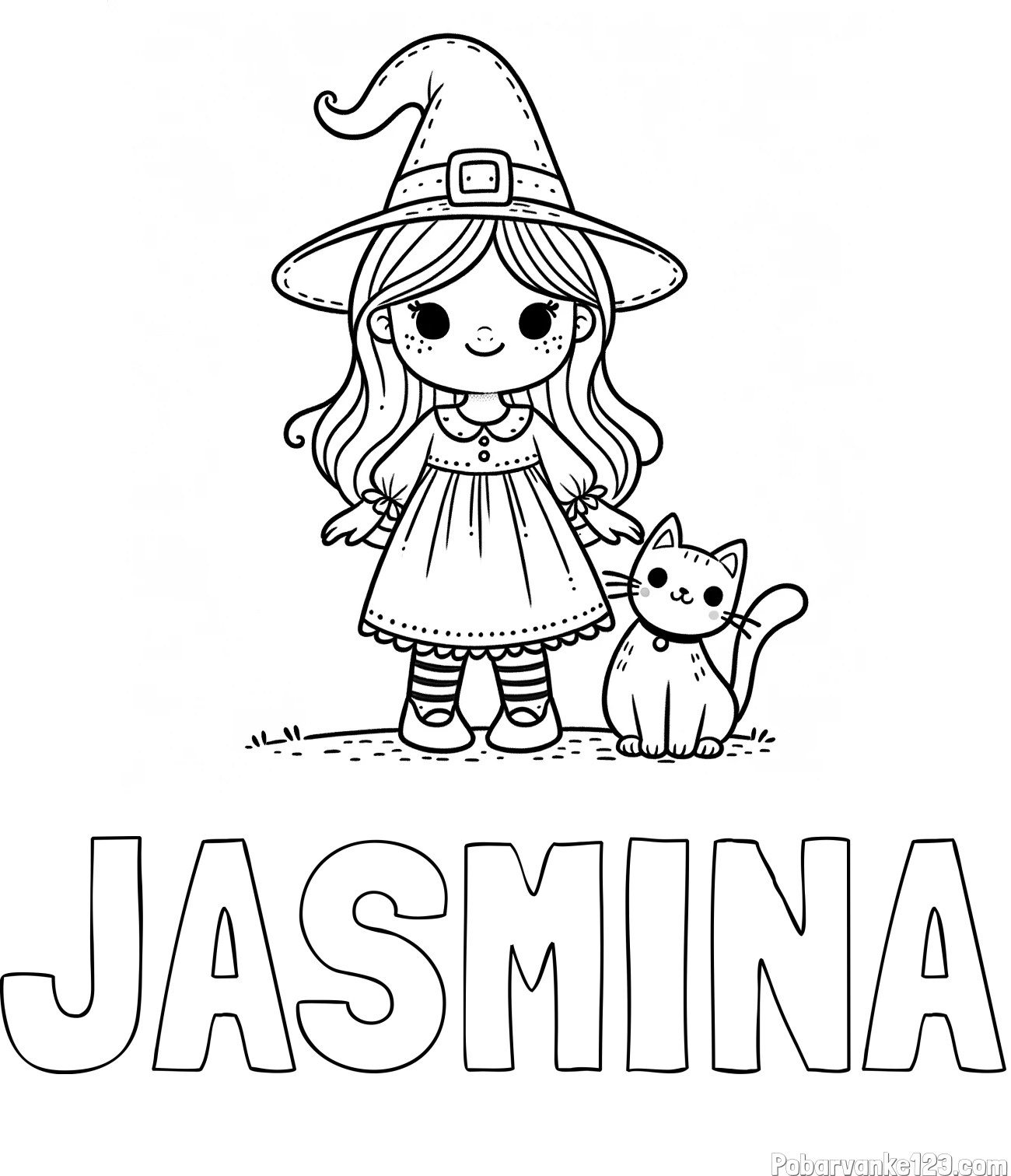 Pobarvanka imena JASMINA in Čudovita pobarvanka ljubke čarovnice in nasmejane mačke
